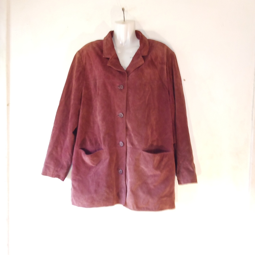 Isz Large Red Brown 100% Leather Paneled Button Short Jacket. 90s vintage? Two f